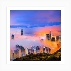 Mesmerizing Shot Of The Skyscrapers Of A City Covered In Mist At Night Art Print