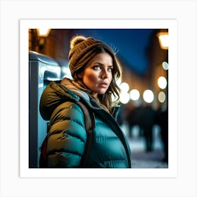 Woman in down jacket, walking in luminous city at night Art Print