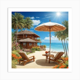 Beach House With Umbrella 1 Art Print