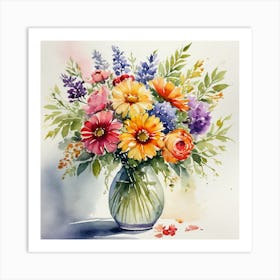 Watercolor Flowers In A Vase Art Print