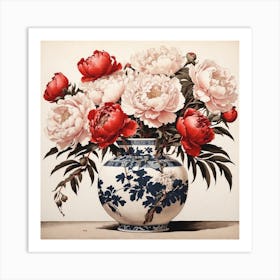 Peonies In A Blue Vase 2 Art Print