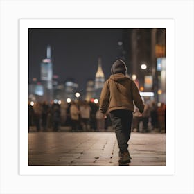 Boy Walks Down The Street At Night Art Print