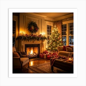 A Cozy Winter Evening By A Roaring Fireplace An Ornately Decorated Christmas Tree Situated In The C Art Print