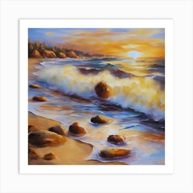 The sea. Beach waves. Beach sand and rocks. Sunset over the sea. Oil on canvas artwork.5 Art Print