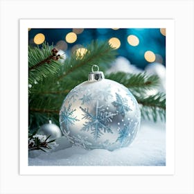 Closeup Of A Shiny White Bauble Adorned With Snowflakes Reflecting The Merry Lights Of A Festive Ch (2) 2 Art Print