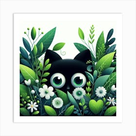 Black Cat In Green Leaves Art Print