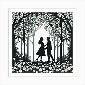 Couple In The Forest, Silhouettes Of Two People Hugging Surrounded By Elements Of Nature Flowers Trees Growing 3 Art Print