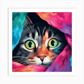 Cat Peeking Out Of Colorful Blanket Art Print