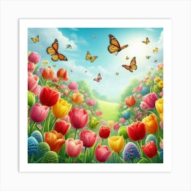 Colorful Tulips And Butterflies Art Print