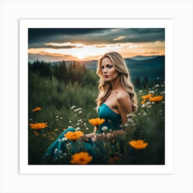 Beautiful Woman In A Field Of Flowers 1 Art Print