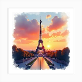 Parisian Sunset In Watercolor With The Eiffel Tower Silhouetted Against The Sky 1 Art Print