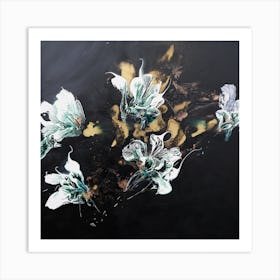 White And Green Flowers Black Background Painting Square Art Print