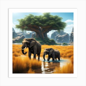 Elephant Cow And Calf Art Print