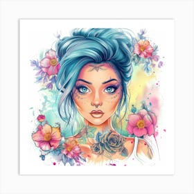 Tattooed Girl With Flowers Art Print