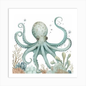 Cute Storybook Style Octopus Blue & White  3 Art Print