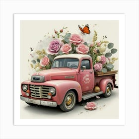 Pink Truck With Roses Art Print