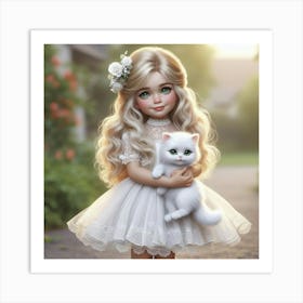 Little Girl With A White Cat Art Print