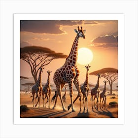 Giraffes At Sunset Art Print