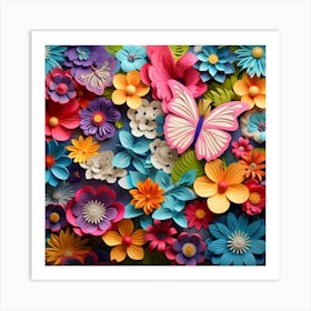 Paper Flowers With Butterflies Art Print