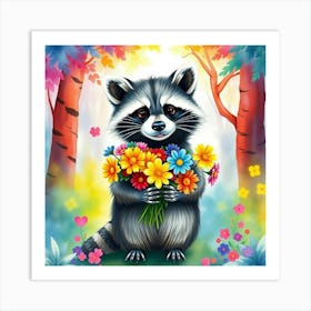 A Raccoon Holding A Bouquet Of Rainbow Flowers, Standing In A Vibrant Watercolor Forest Art Print