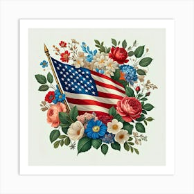 American Flag Adorned With Vibrant Flowers And Green Leaves, Symbolizing Patriotism And Nature S Beauty Art Print