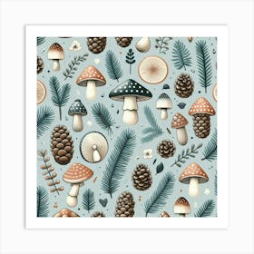 Scandinavian style, pattern with pine cones and mushrooms 2 Art Print