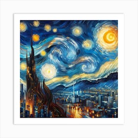 Starry Night Over the City - Modern and Dramatic Metal Wall Art Art Print