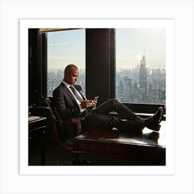 Businessman Clad In A Tailored Suit Texting On A Sleek Smartphone Seated At An Ornate Mahogany De 2 Art Print