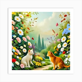 Cats In The Garden Art Print