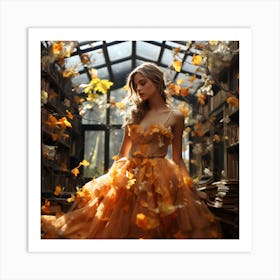 Autumn in the Attic: Pastel-Colored Leaves and the Lady of Yesteryear Art Print