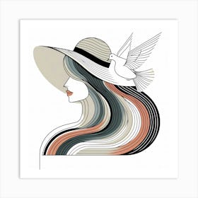 Beauty With Hat And Flying Pigeon - Creative Minimal Illustration Art Print