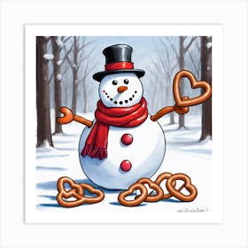 Snowman With Pretzels Art Print