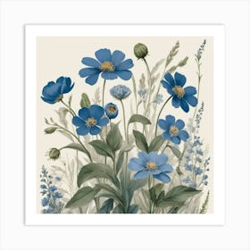 Blue Flowers Farmhouse Botanical Art Print Art Print