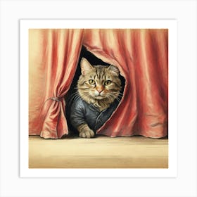 Cat Peeking Out Of Curtain 1 Art Print