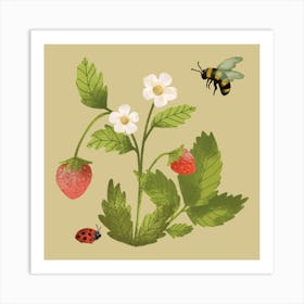 Bee flying around strawberry branch summer illustration Art Print