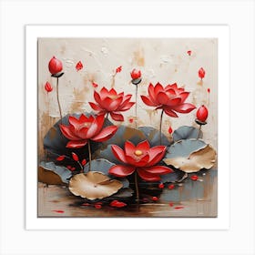 Pattern with red Lotus flowers 1 Art Print