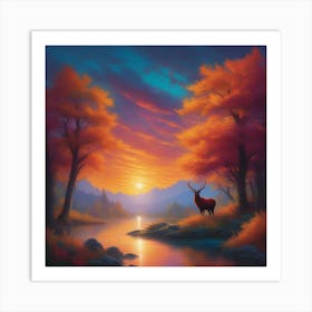 Sunset Deer In The Forest Art Print