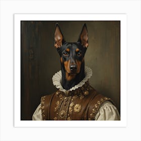 a realistic portrait painting of a Doberman pinscher in a renaissance outfit Art Print