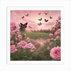 Pink Roses And Butterflies Art Print