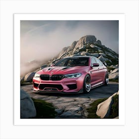 A Highly Detailed, Realistically Rendered 3d Model Of A Pink BMW M5, Adorned With A Sleek, High Performance Full Body Kit, Parked On The Summit Of A Rugged, Mist Shrouded Mountain, Surrounded By Granite Boulders And Patches Of Lush Landscape (3) Art Print