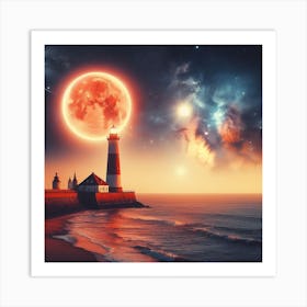 Full Moon Over Lighthouse Art Print