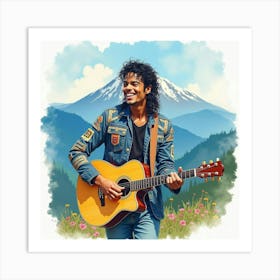 Michael Jackson Performing With A Watercolor Majestic Mountain 1 Art Print