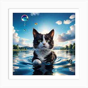 Cat In The Water Art Print