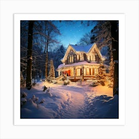 Firefly Magical, Christmas, Winter, Snow, Sparkling, House, Forest Edge, Christmas Lights, Glowing, (9) Art Print