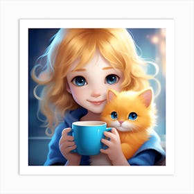 Cute Girl With Cat Art Print