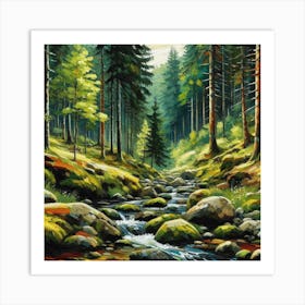 Stream In The Forest, Acrylic Painting Style 14 Art Print