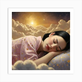 A photorealistic portrayal of a woman with shiny black bobbed hair, asleep on shimmering golden clouds. The sky around her is dotted with stars, each shaped like a Hello Kitty cat, casting a soft glow. Created Using: high-resolution detail, magical night sky, gold-tinted clouds, playful star designs, tranquil mood, soft glow effects, enchanted setting, clear focus --ar 16:9 --v 6.0 Art Print