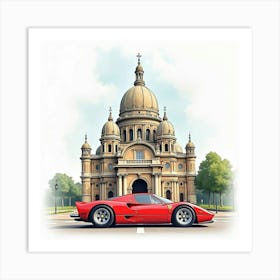 Ferrari By A Watercolor Historical Landmark With Intricate Architecture 1 1 Art Print