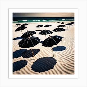 Black Umbrellas On The white Beach Art Print