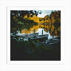 Canoes on a lake Art Print